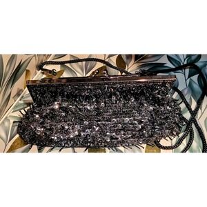 Vintage Black Sequin and Bugle Bead Evening Clutch Bag Kiss Lock Formal Purse